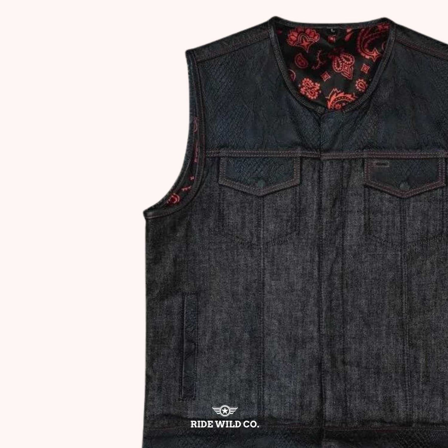 Cinder Rider Men's Ember Denim Vest - left close up