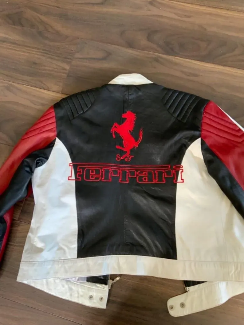 Premium Genuine Leather Ferrari Racing Jacket Black, White & Red Color Block