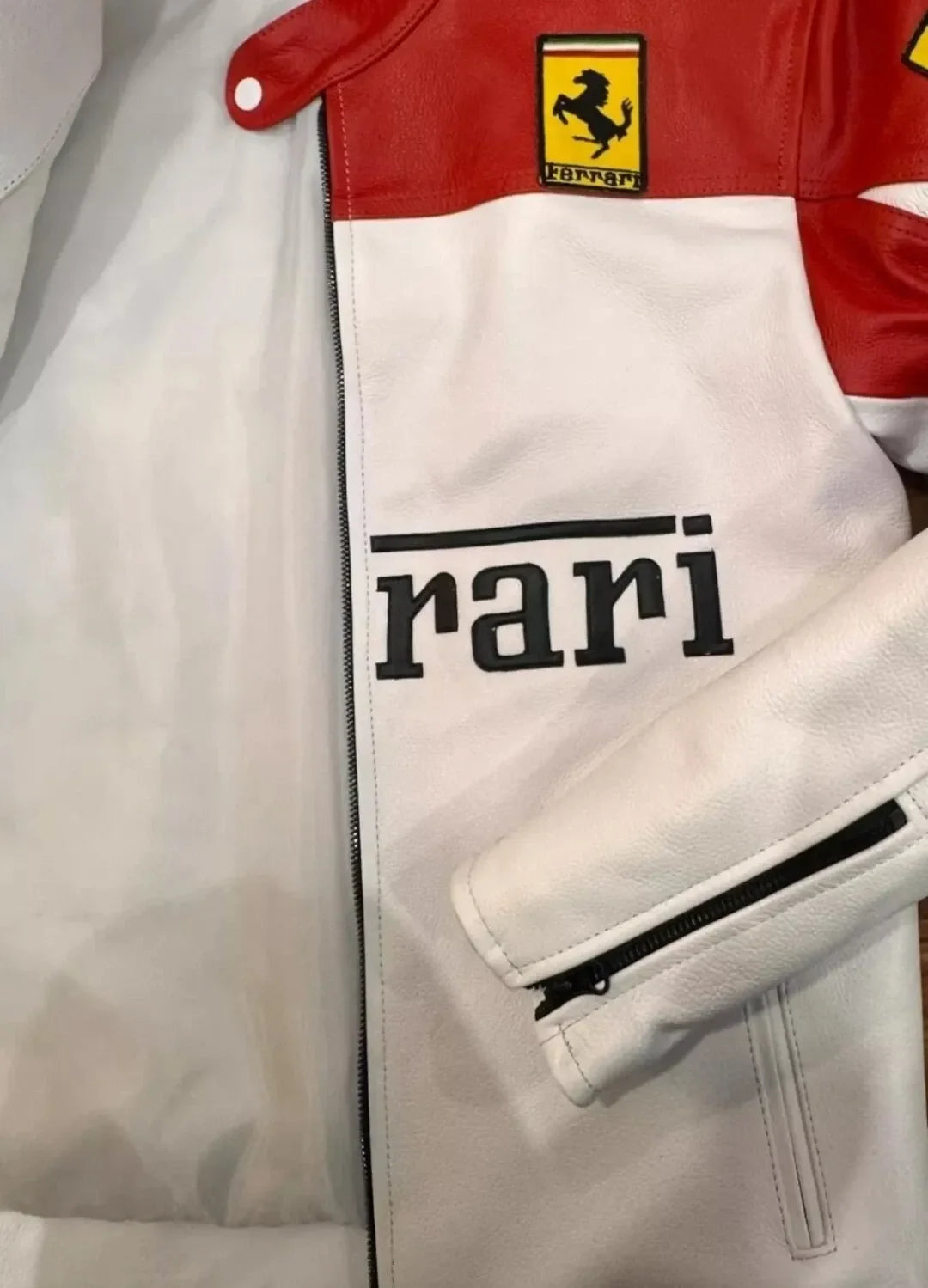 π Ferrari Red & White Racing Leather Jacket (100% Genuine Leather) β Arai & Michelin Embroidered Edition
