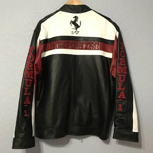 Ferrari Formula 1 Racing Leather Jacket – Black, White & Red Motorsport Outerwear