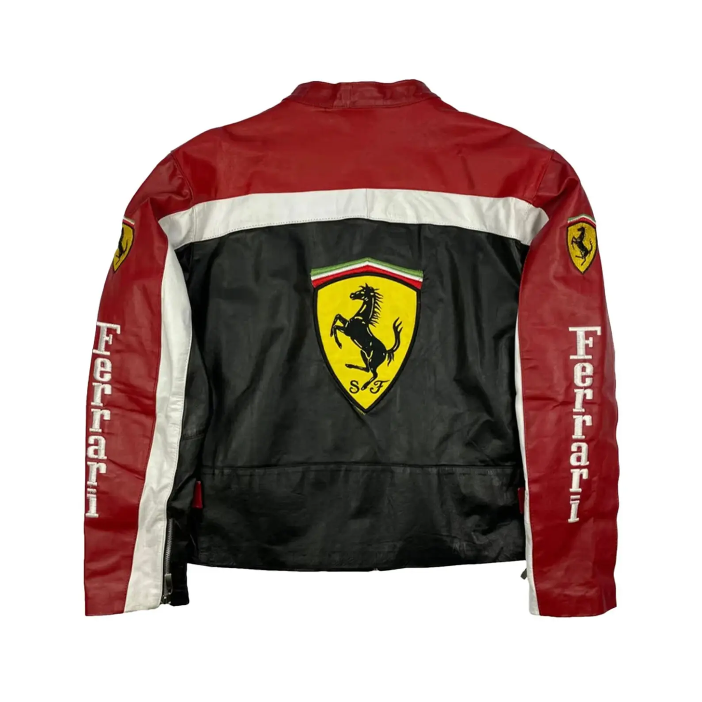 Ferrari F1 Racing Leather Jacket – Black Red White Motorsport Jacket with Logos