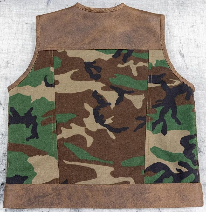 Distressed Camo Leather Biker Vest | Handmade SOA Club Motorcycle Waistcoat