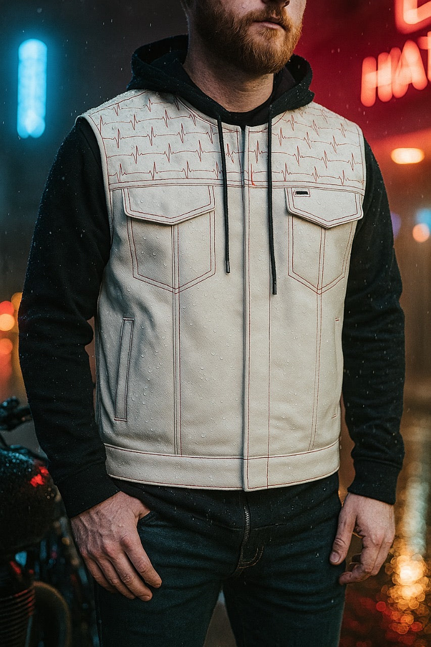 Men’s White Biker Leather Vest with Red Heartbeat Embroidery – Genuine Leather Statement Piece