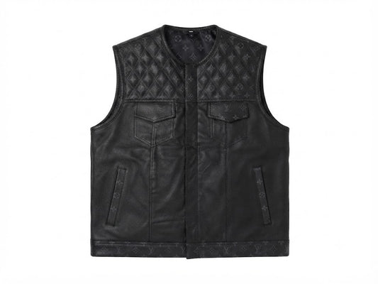 Black Leather Vest with Grey Lo*** Vit** Pattern- Premium Quality