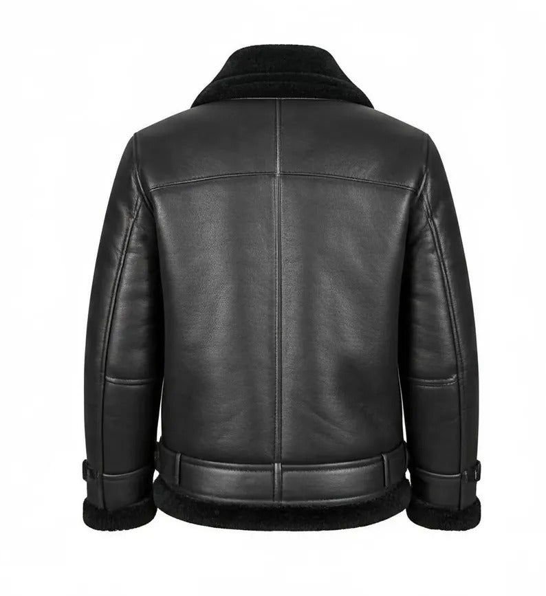 Handmade Black B3 Bomber Aviator Shearling Fur Jacket | Sheepskin Shearling Fur Flying pilot Winter Jacket | Men's RAF Real Leather Jacket