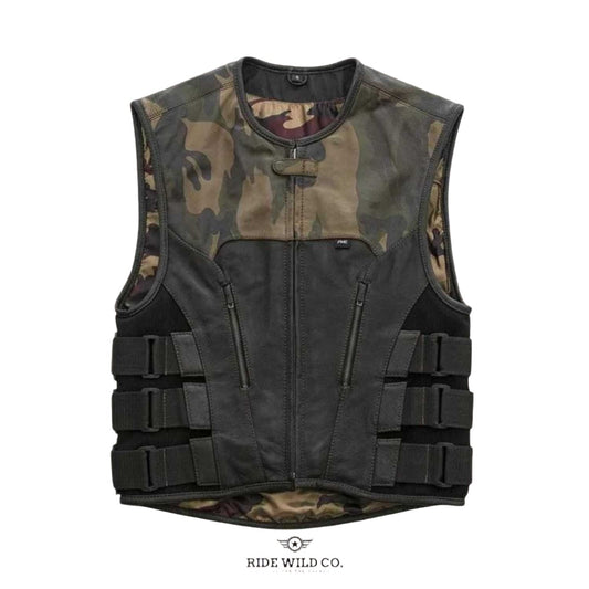 Urban Warrior Men's Distressed Leather Motorcycle Vest - white background