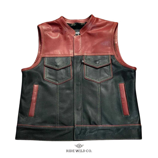 Maroon Noir Lowside Mesh Men's Motorcycle Leather Vest - white background