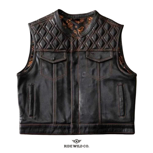Roadster Men's Black Leather Biker Vest - white background