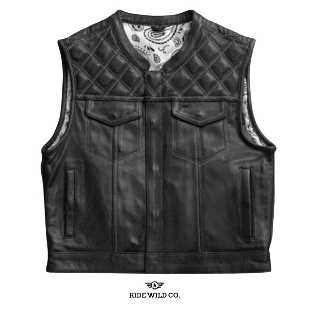 Ebony Quilted Men Leather Biker Vest - white background