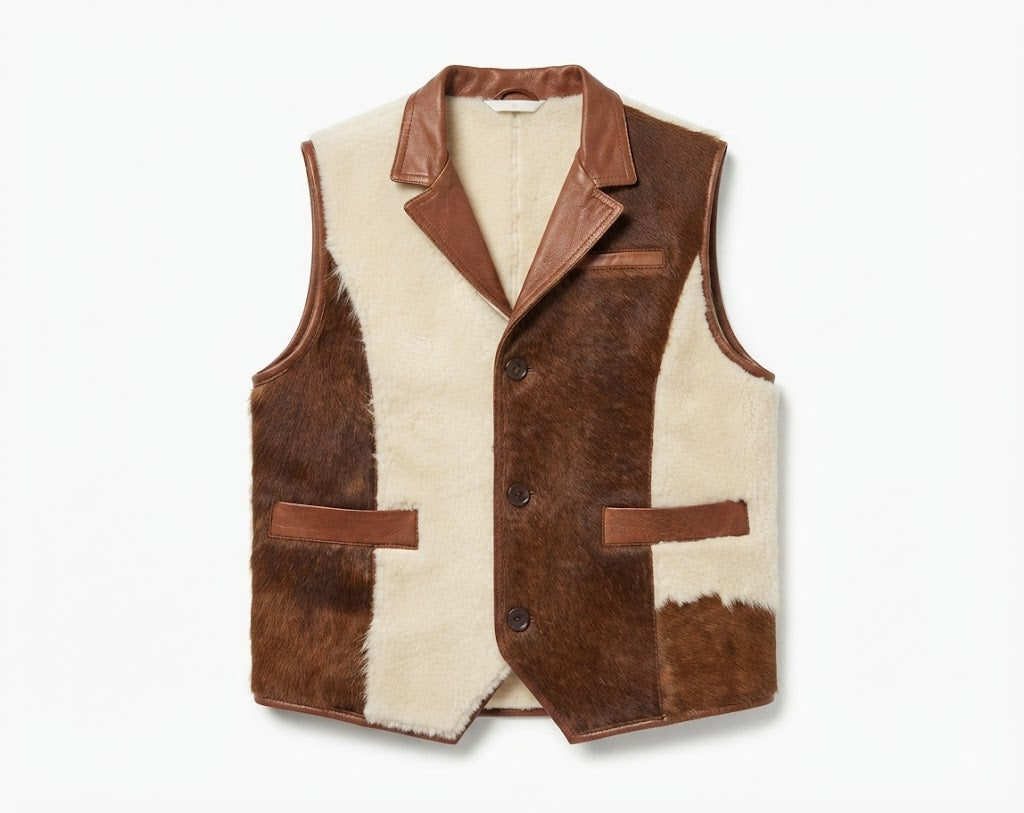 Men’s Cowhide Leather Vest  Brown & White HairOn Hide Western Style Vest