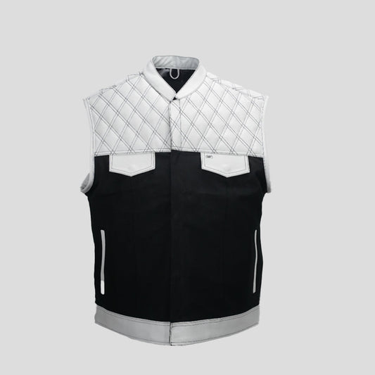 Gridlock Twill Leather Motorcycle Vest - white background