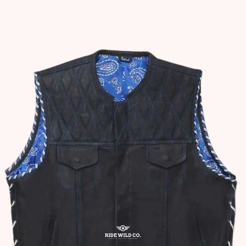 Whaler Blue Men's Leather Club Vest - shoulder close up
