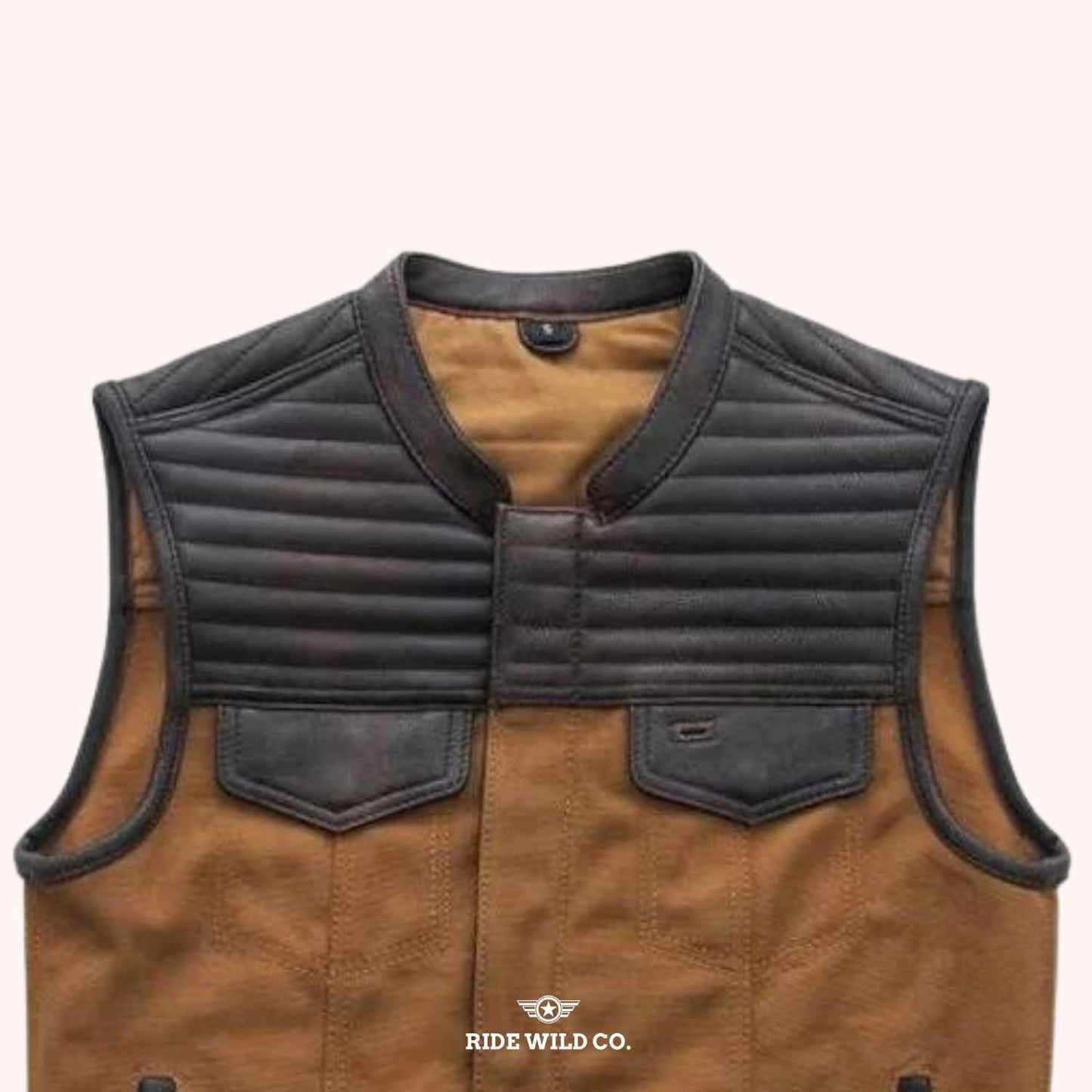 Bison Distressed Leather Motorcycle Vest - shoulder close up