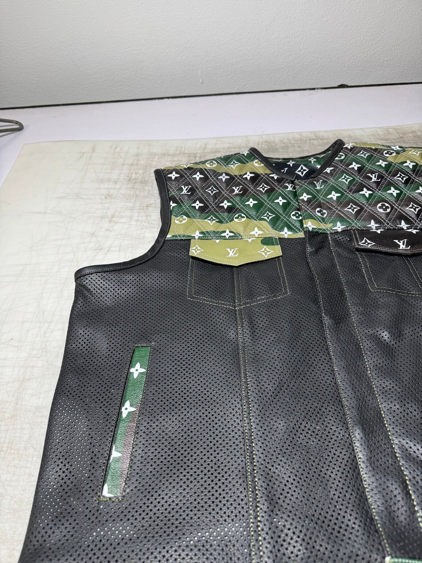 Lo*uis Vuit**n
 Camo & Black Perforated Leather Vest
