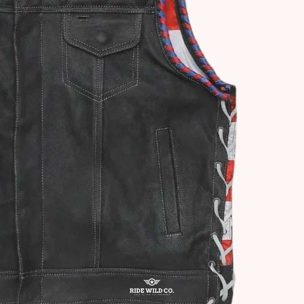 Maverick Men's Leather Motorcycle Vest - side lace close up