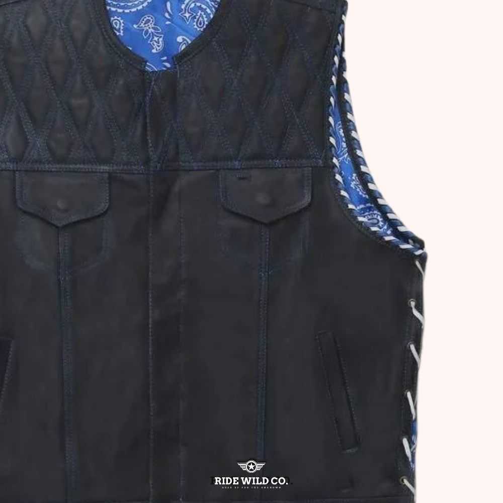 Whaler Blue Men's Leather Club Vest - shoulder close up