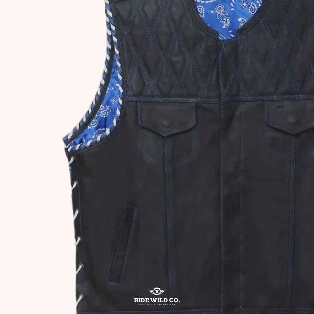 Whaler Blue Men's Leather Club Vest - left close up