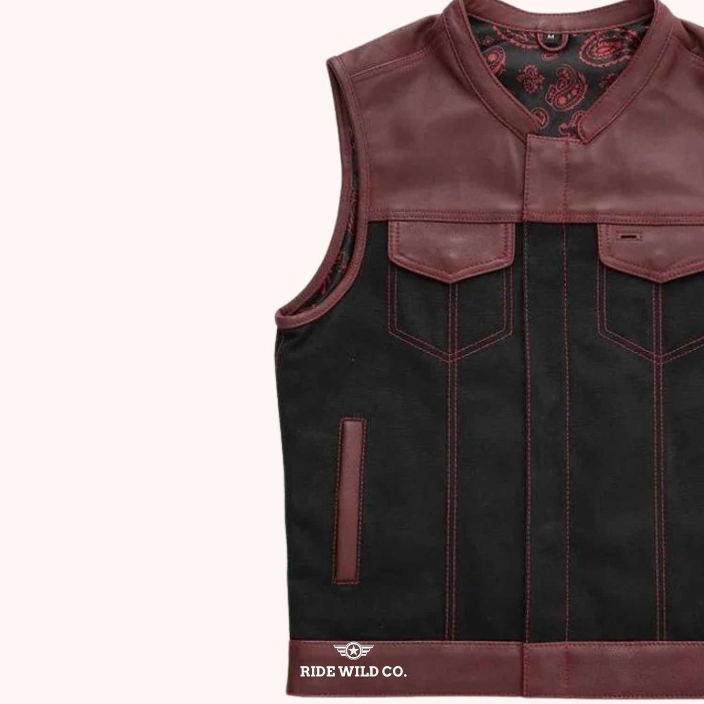 OX Blood Men's Leather & Canvas Club Biker Vest - left close up