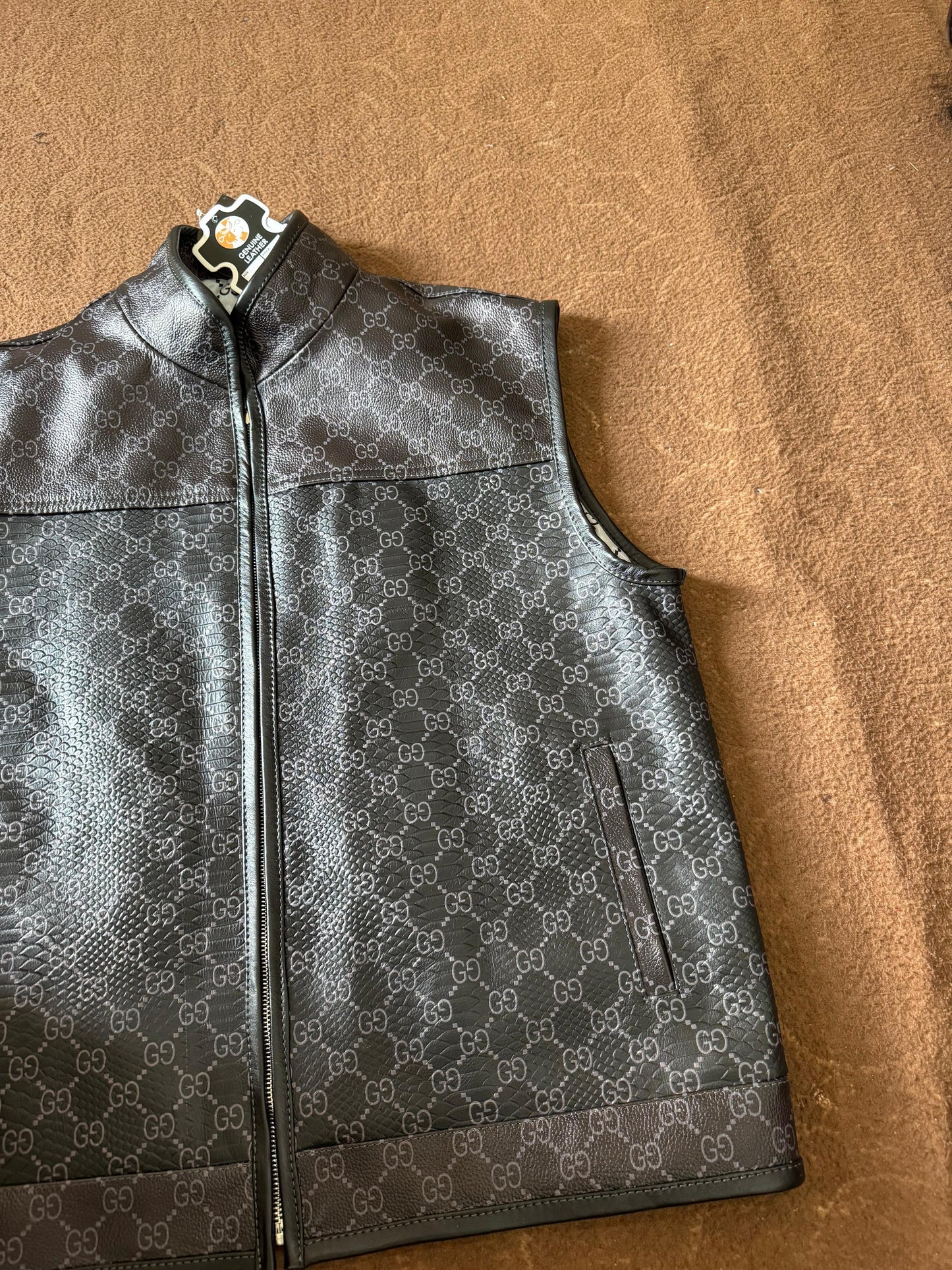Luxury G*Cci Designer-Inspired Leather Vest – Black Streetwear Gilet