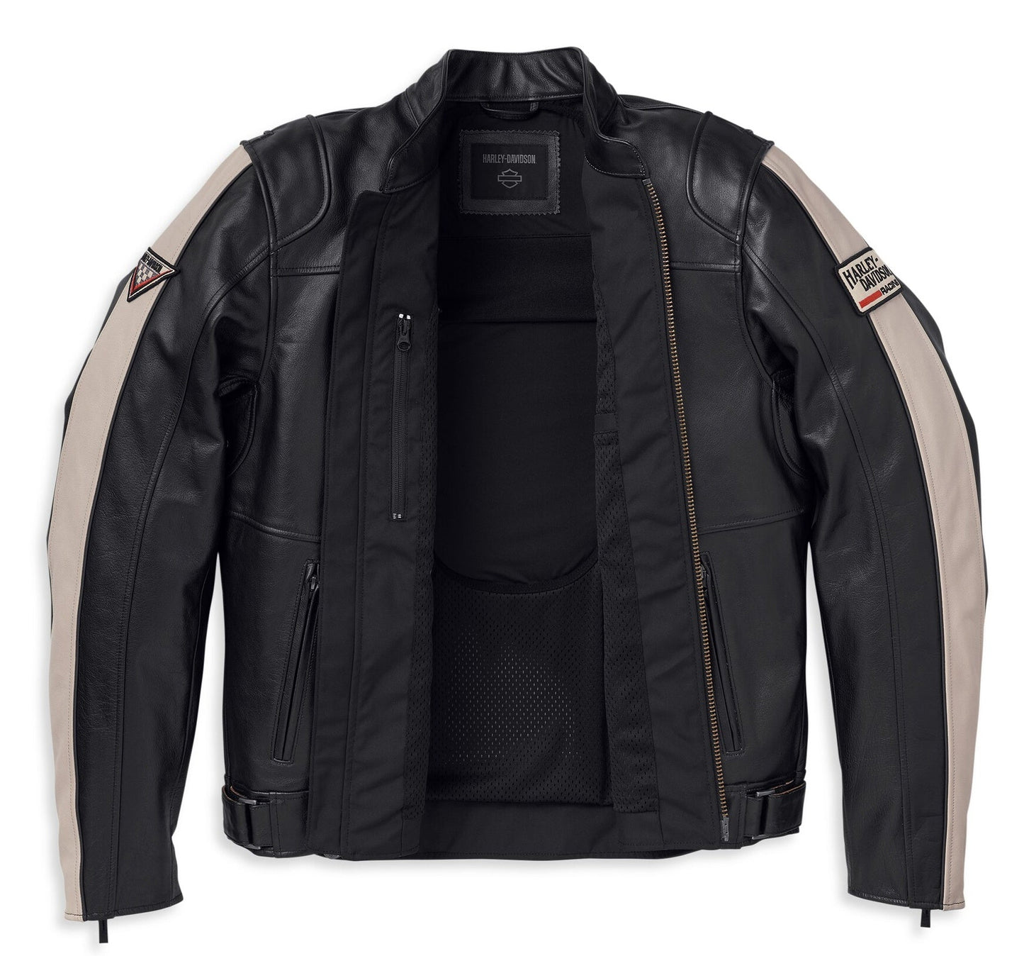 Harley-Davidson Men's Black Leather Racing Jacket - Cream Shoulder Panels & Bar & Shield