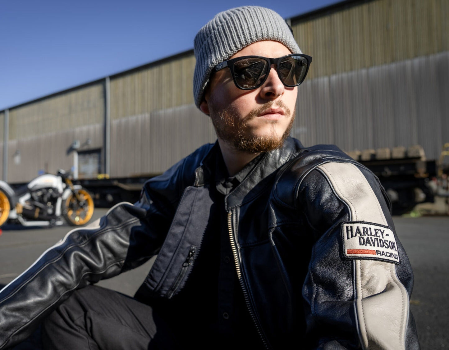 Harley-Davidson Men's Black Leather Racing Jacket - Cream Shoulder Panels & Bar & Shield