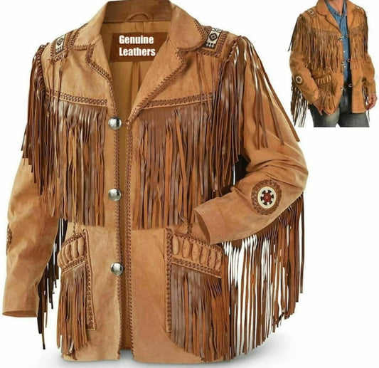 Brown Suede Handmade Braided Beads Crafted Men's Western Vintage Jacket - Tan Brown Leather Jacket Cowboy Leather Jacket , Gifts For Men