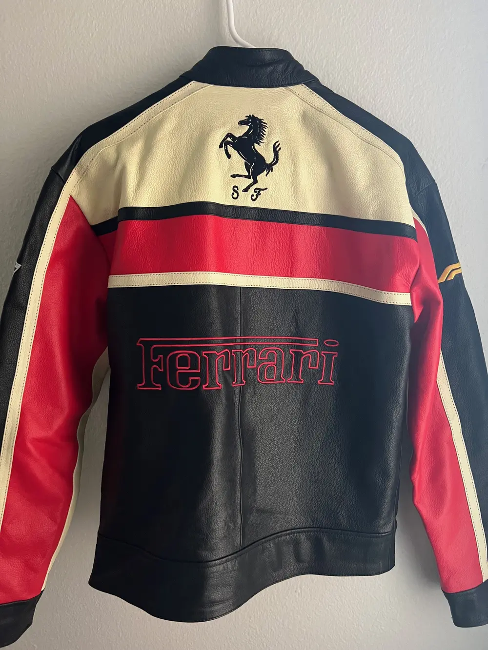 Premium Leather Ferrari F1 Racing Jacket in  Black, Cream & Red - Vodafone & Shell Sponsors