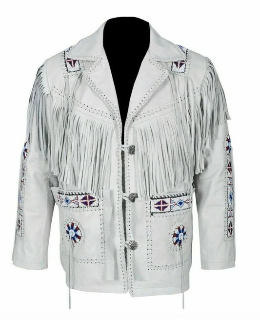 Leather jacket Men's Traditional Native White Classic Leather Western Jacket With Braided Fringes Country Side Red Indian Western
