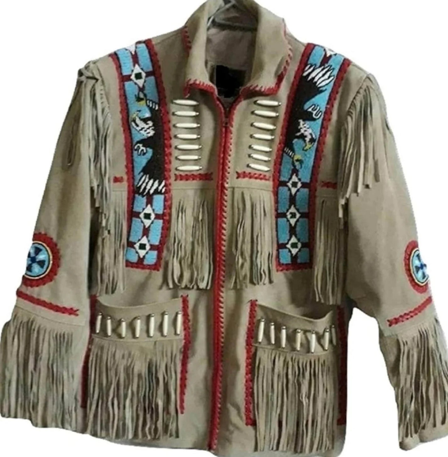 Men Traditional Beige Suede Handmade Braided Beads Crafted Men's Western Jacket - Beige Leather Jacket Cowboy Leather Jacket , Gifts For Men