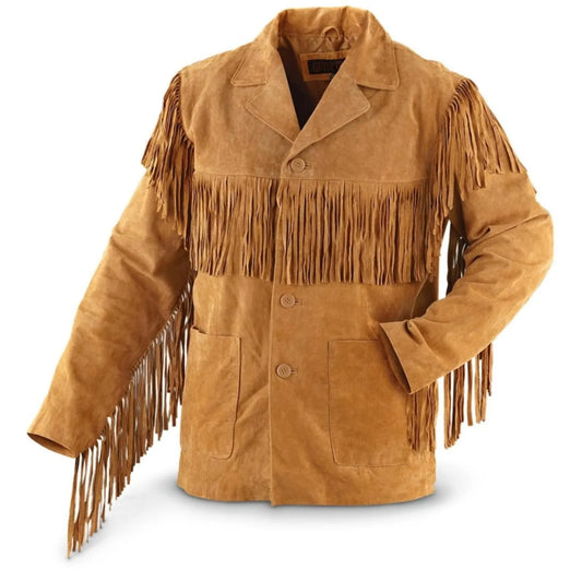 Men Traditional Handmade Horse Riding Wear Native American Western Cowboy Leather Jacket Coat With Fringes and Beads