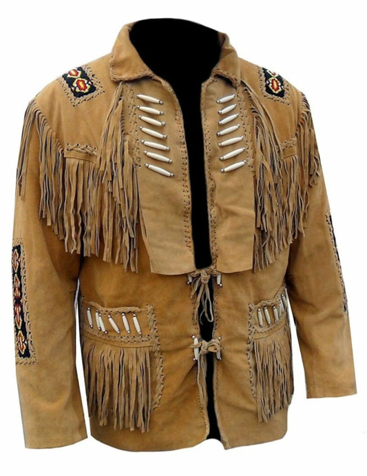 Men Traditional Handmade Native Indian American Western Cowboy Leather Jacket Coat With Fringes and Beads