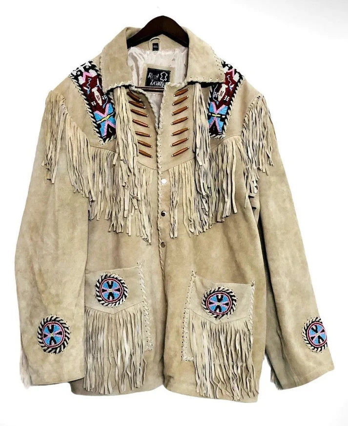 Native American Buckskin Western Jacket Suede Leather Shirt Fringes & Beads Work Coat