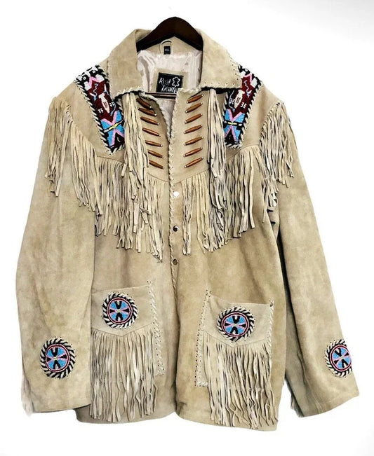 Native American Buckskin Western Jacket Suede Leather Shirt Fringes & Beads Work Coat