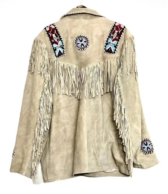 Native American Buckskin Western Jacket Suede Leather Shirt Fringes & Beads Work Coat