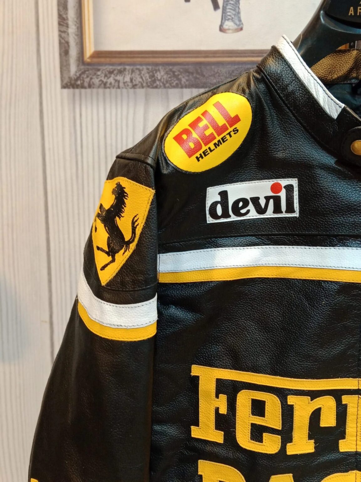 Premium Black & Yellow Ferrari RACING Leather Jacket - Vintage Biker F1 Style