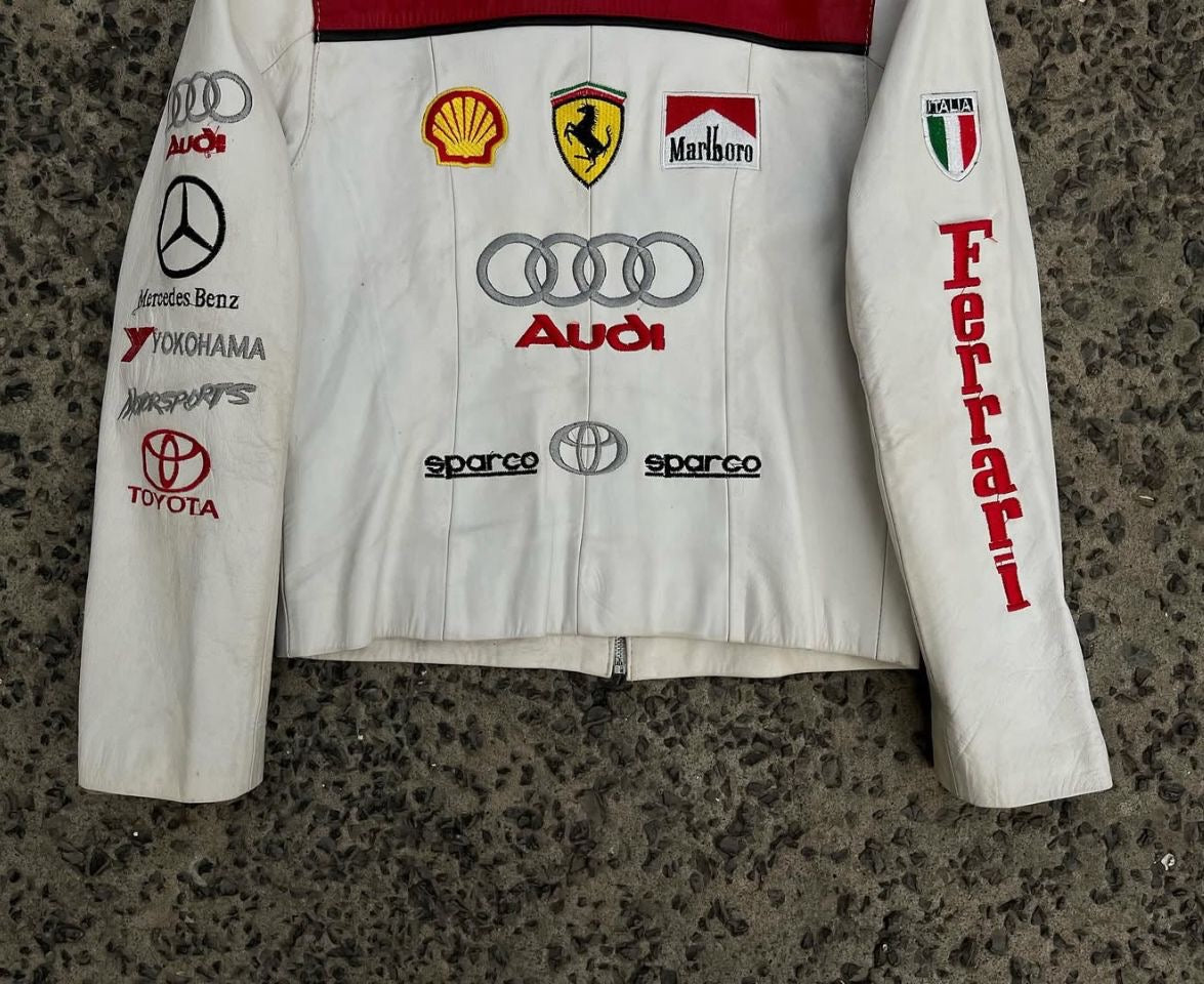 Exclusive White & Red Genuine Leather Ferrari Motorsport Racing Jacket - Multi-Sponsor Edition