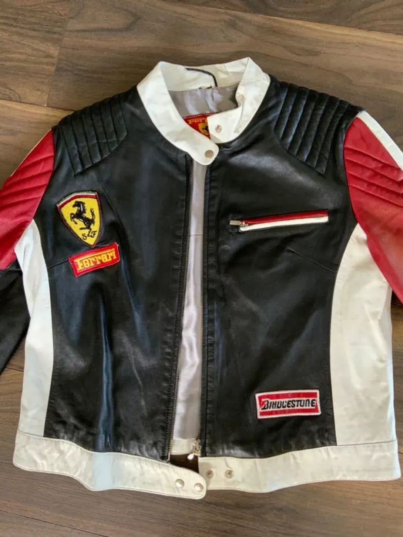 Premium Genuine Leather Ferrari Racing Jacket  Black, White & Red Color Block