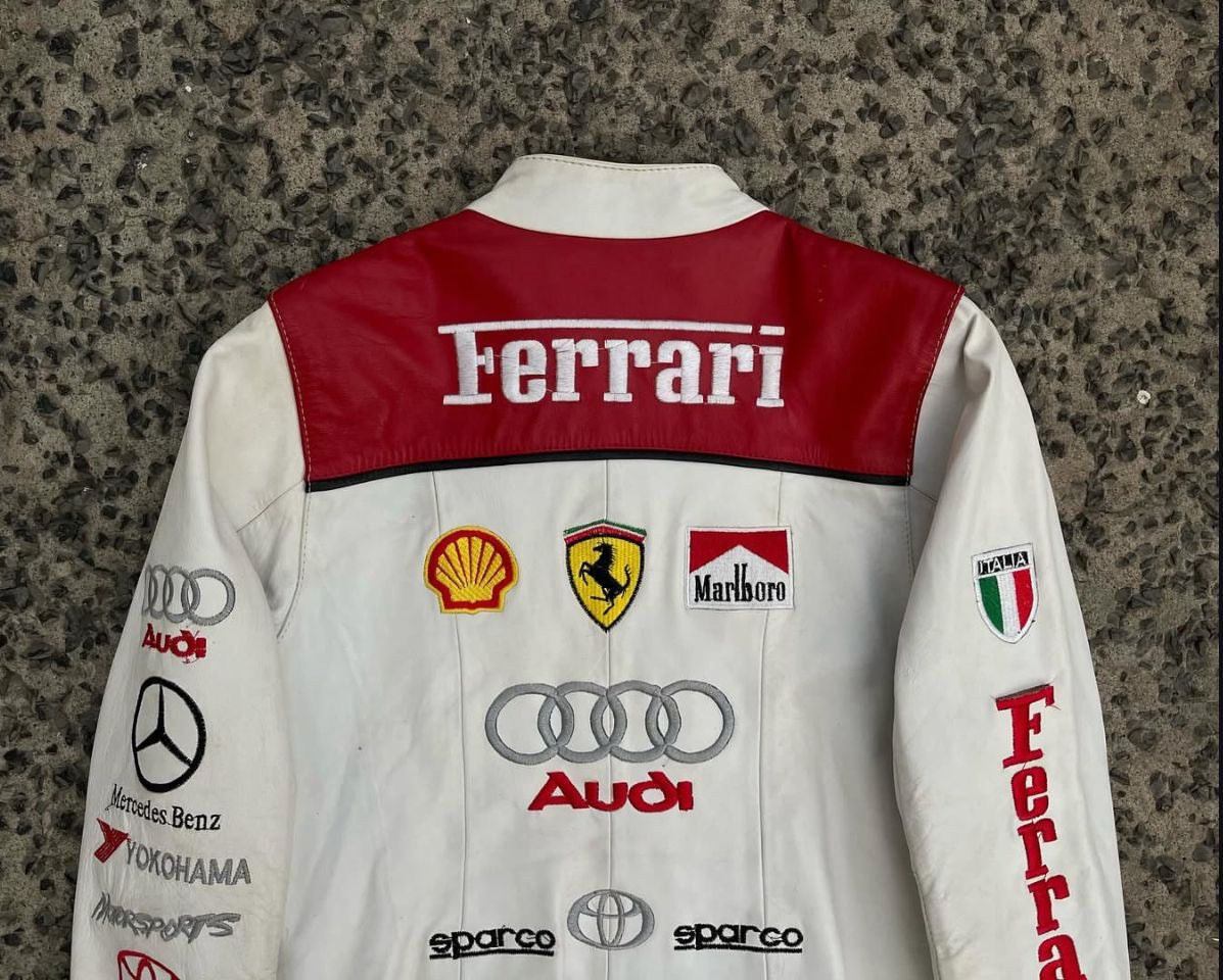 Exclusive White & Red Genuine Leather Ferrari Motorsport Racing Jacket - Multi-Sponsor Edition