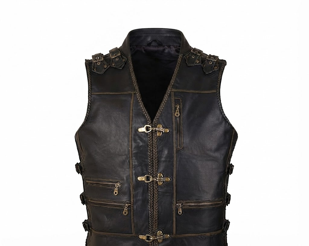 Handmade Cowhide Leather Biker Vest: Steampunk Motorcycle Waistcoat