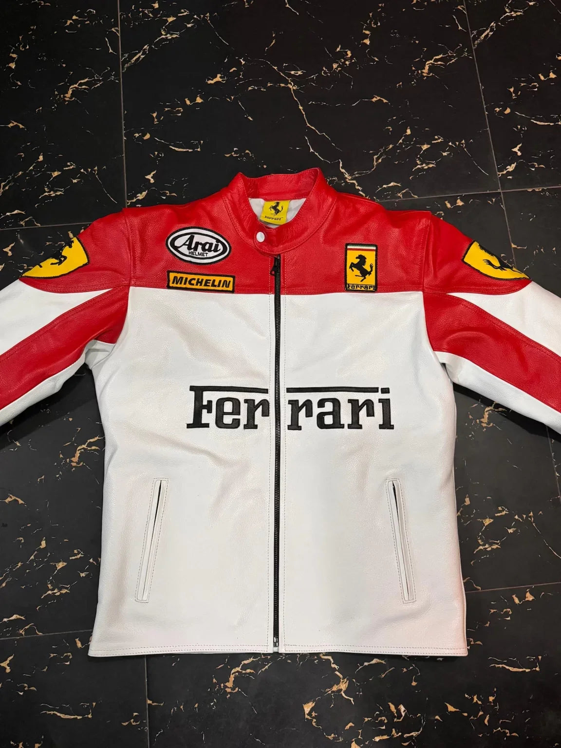 🏁 Ferrari Red & White Racing Leather Jacket (100% Genuine Leather) – Arai & Michelin Embroidered Edition