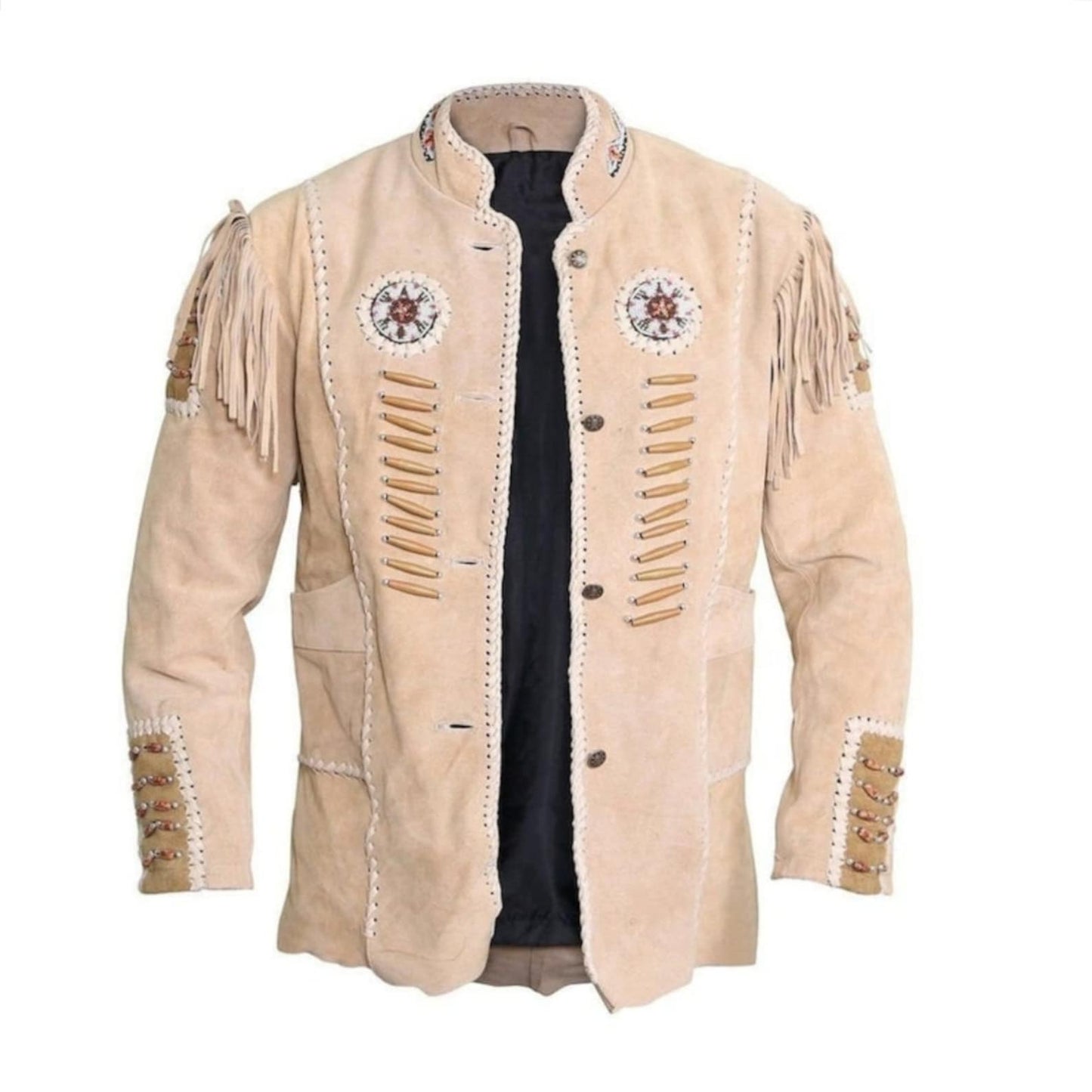 Men's native American Handmade Suede Leather Jacket Western Jacket With Fringes Eagle Beige Mountain Buckskin Leather Jacket Coat
