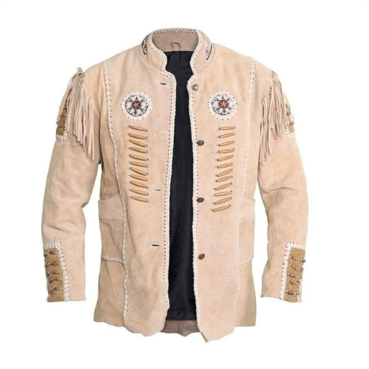 Men's native American Handmade Suede Leather Jacket Western Jacket With Fringes Eagle Beige Mountain Buckskin Leather Jacket Coat