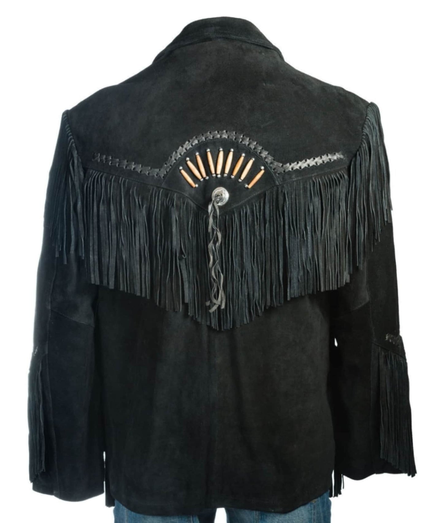 Men Traditional Handmade Native American Western Cowboy Leather Jacket Coat With Fringes and Bones , Gifts For Him , Gifts For Men