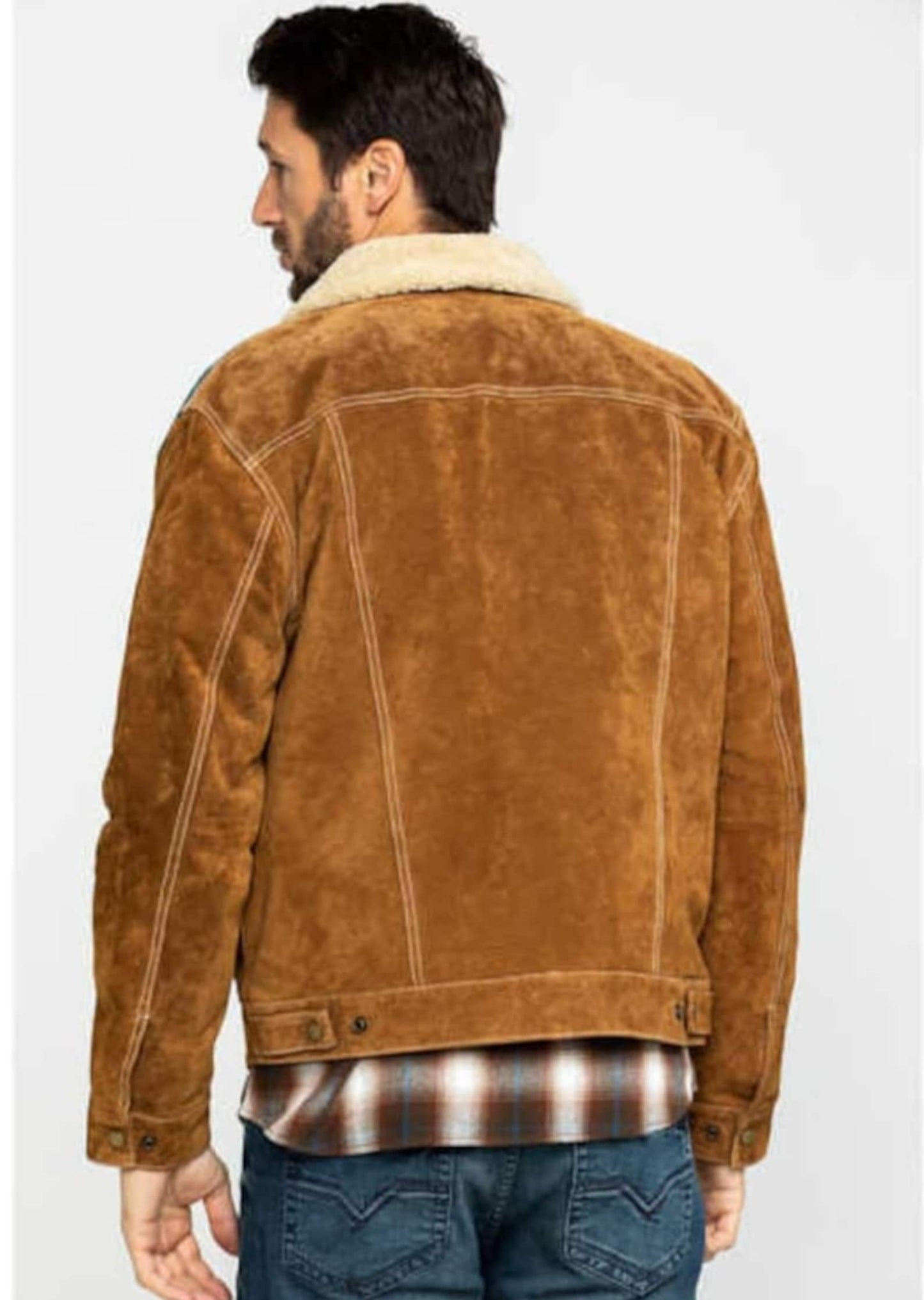Traditional Men Western Jacket Men Western Fur Jean Jacket - Aztec Trim Suede Jacket - Brown Rode Countryside Fashion Jacket , Gifts For Him