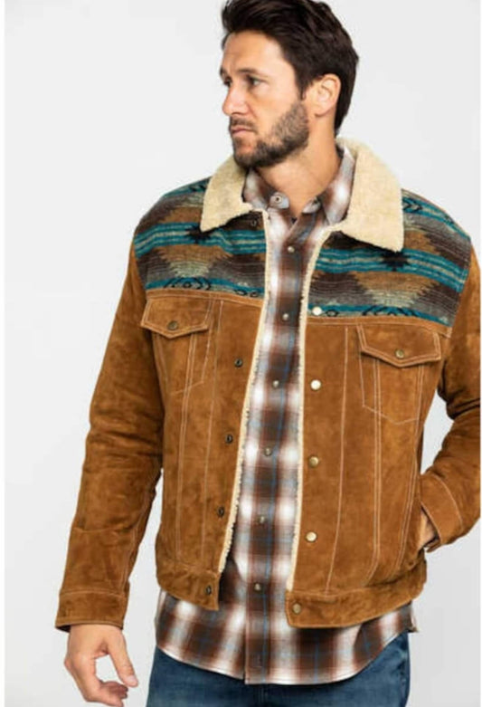 Traditional Men Western Jacket Men Western Fur Jean Jacket - Aztec Trim Suede Jacket - Brown Rode Countryside Fashion Jacket , Gifts For Him