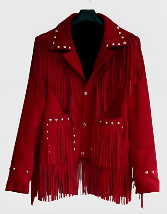 Women's Western Jacket Vintage Fringe Leather Jacket - Ladies Leather Jacket - Red Handmade Suede Leather Jacket Fringe Jacket
