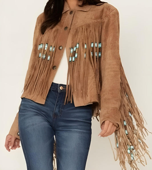 Fringe Suede Women's Jacket , Beaded Fringes Western Vintage Jacket Ladies Leather Jacket, Genuine Suede Leather, Western Jacket, Gifts