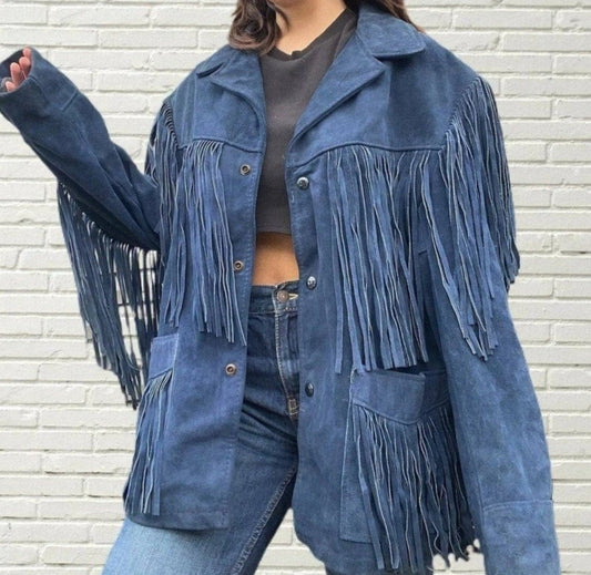 Fringe Suede Women's Jacket, Fringe Western Vintage Jacket Ladies Leather Jacket, Genuine Suede Leather,Blue Western Jacket, Gifts For Women