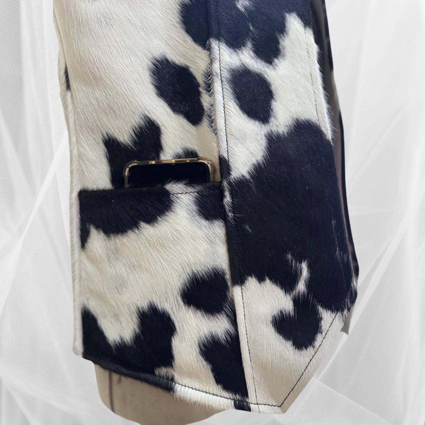 Cowhide hair on hide Leather Vest for Men, Black and White Leather Vest , Handmade Cow Skin Western Style Vest
