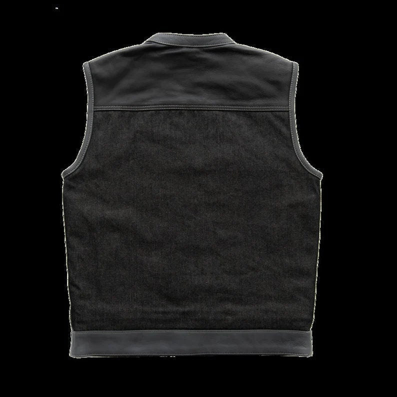 Black Leather & Denim Biker Vest with Black Paisley Bandana Lining